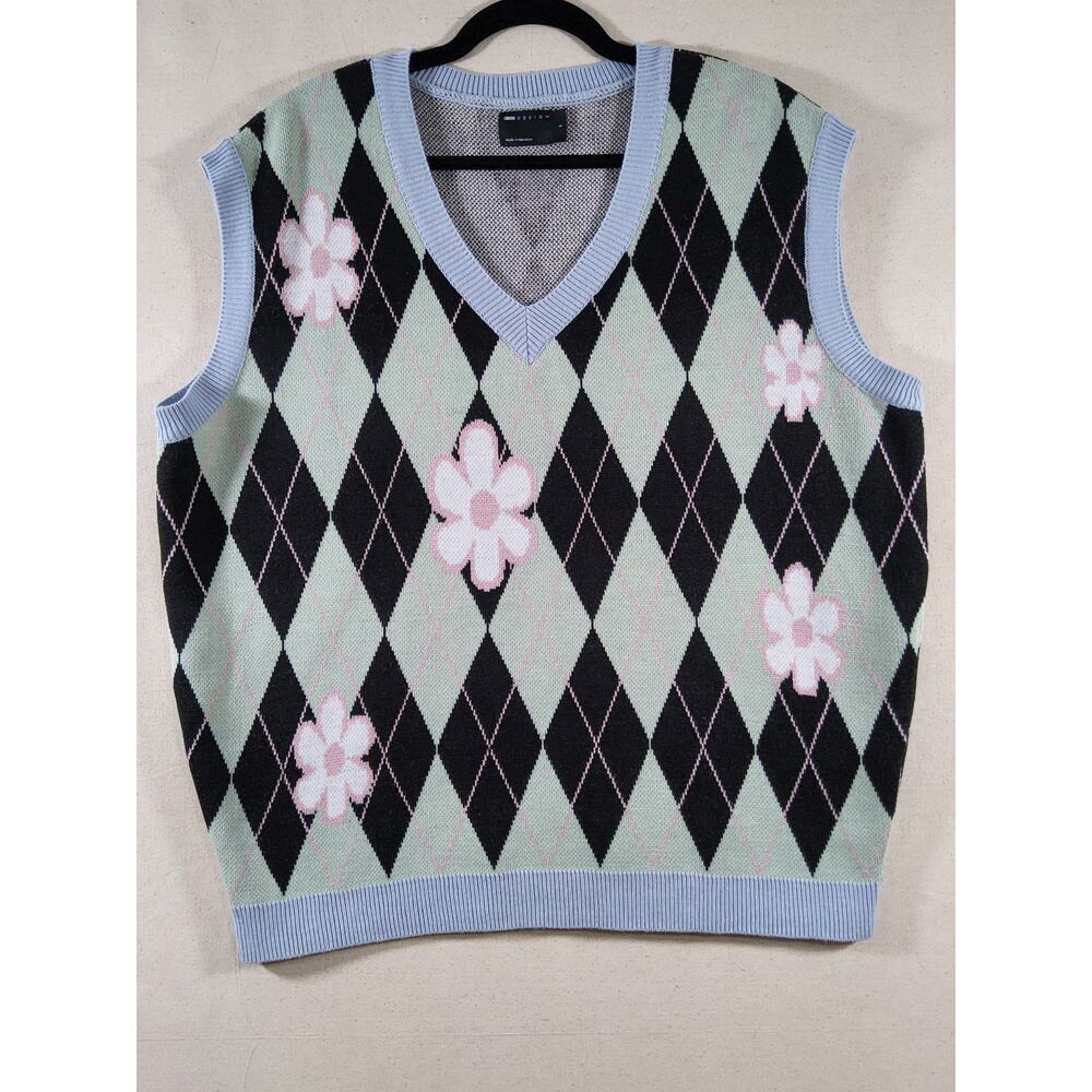 Floral Oversized Sweater Vest Small Argyle Y2K Knit Top